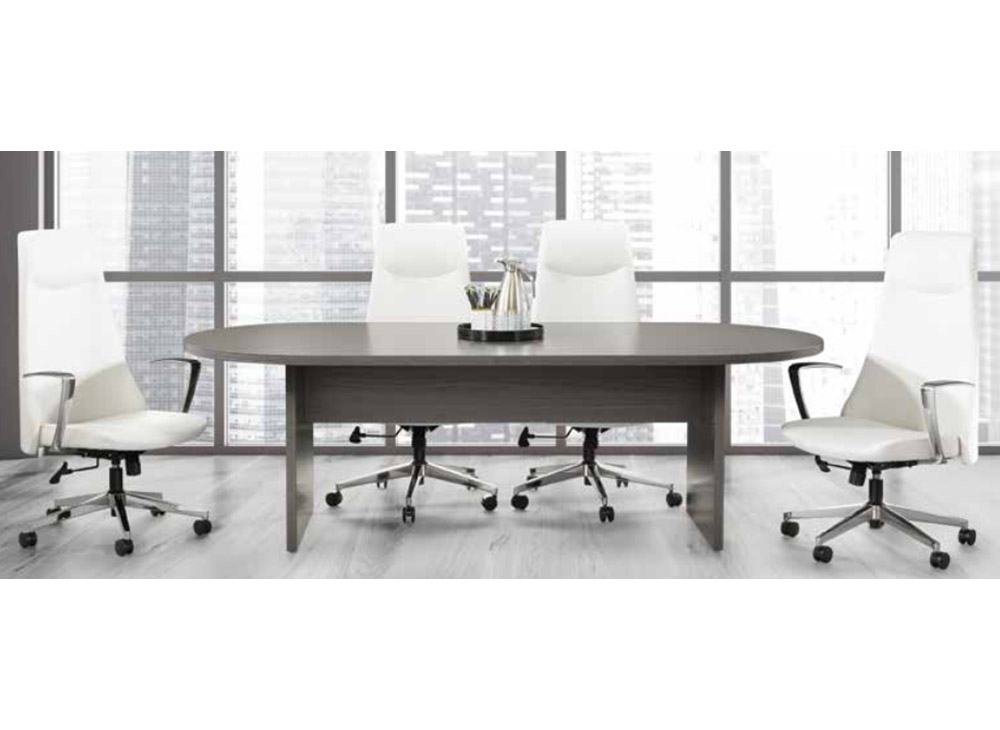 Contemporary modern grey conference table with white high back executive chairs