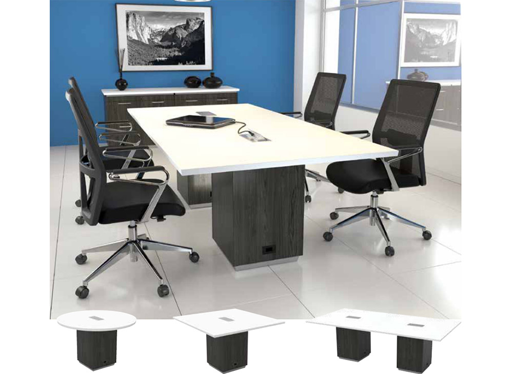 Conference meeting room tables and minimalist rolling chairs