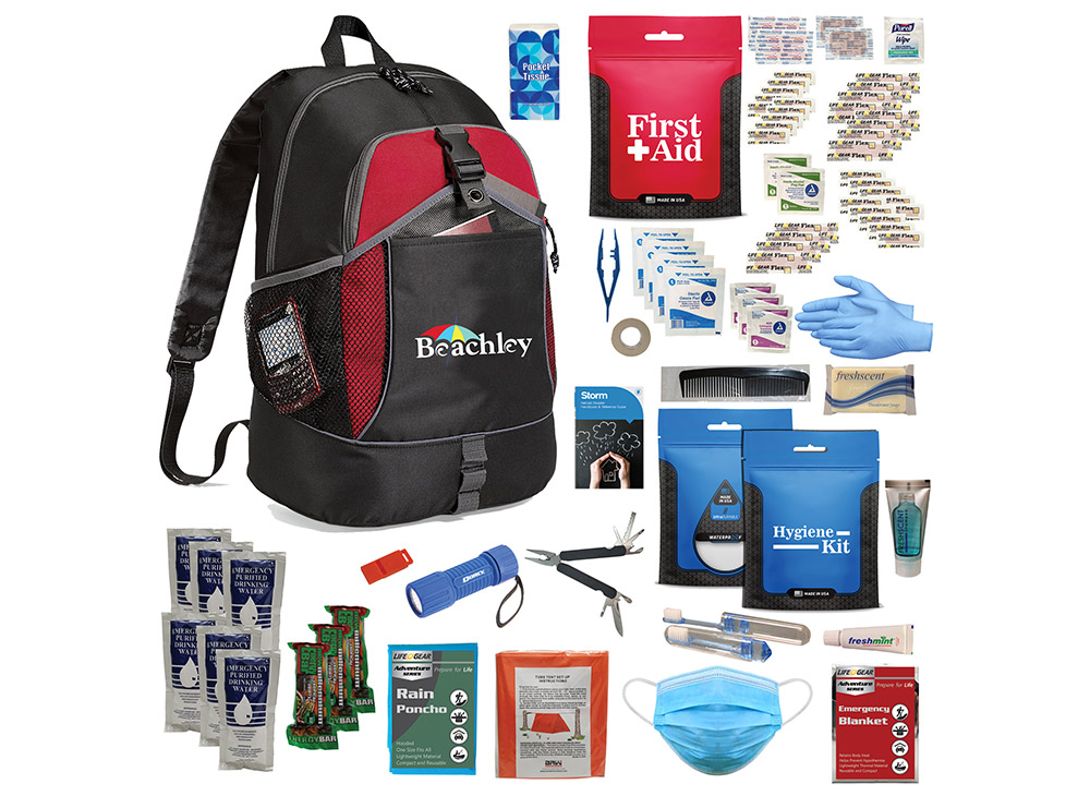 Backpack kit with extensive first aid and camping essentials.