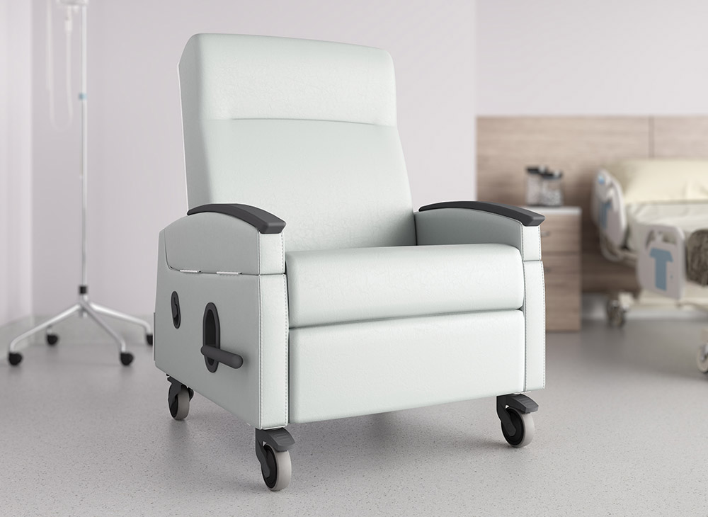 Trendelenburg light grey patient mobile recliner with transfer arms and black arm caps,