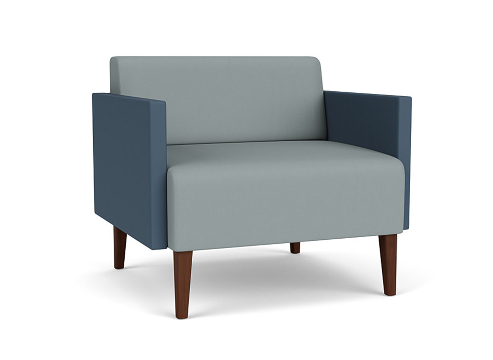 Contemporary fully upholstered waiting room chair that is two tones of blue and dark wooden legs