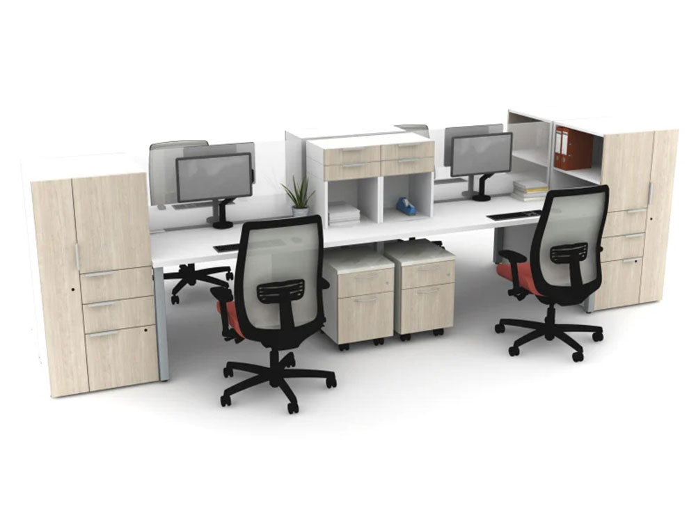 work station with partition light wood, white acrylic and silver fixtures. Mobile task seating