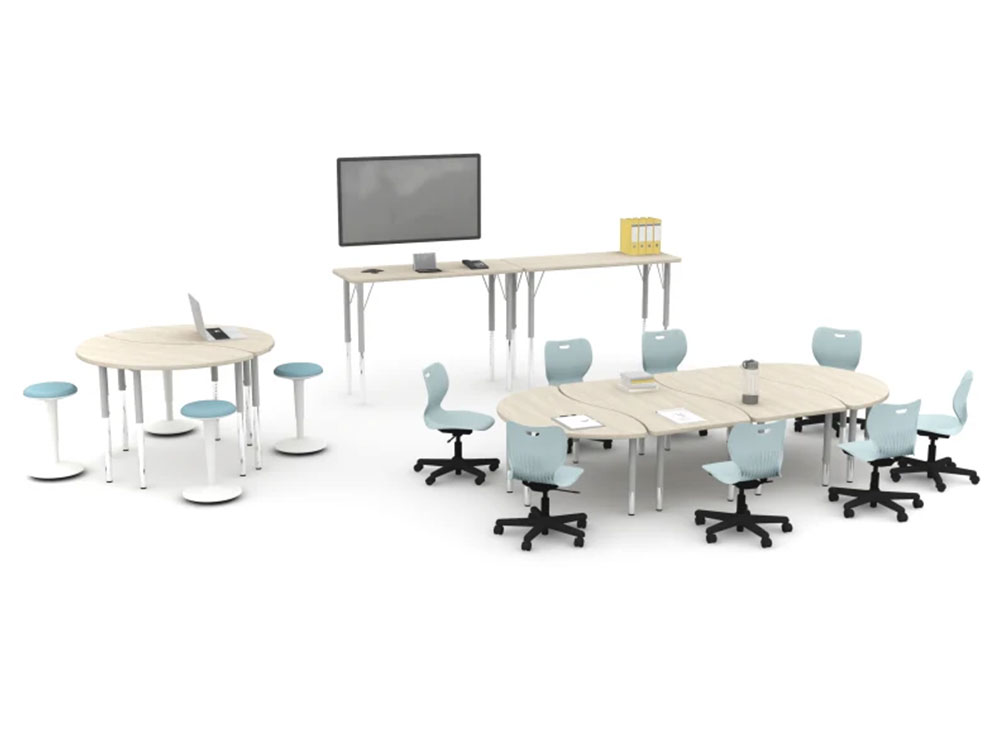 Conference room table with optional extension. plastic molded task chairs and white and aqua stools