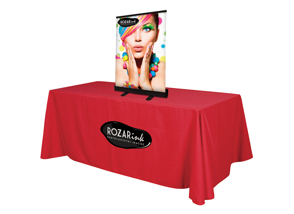 Tabletop retractable Banners on custom tablecloth