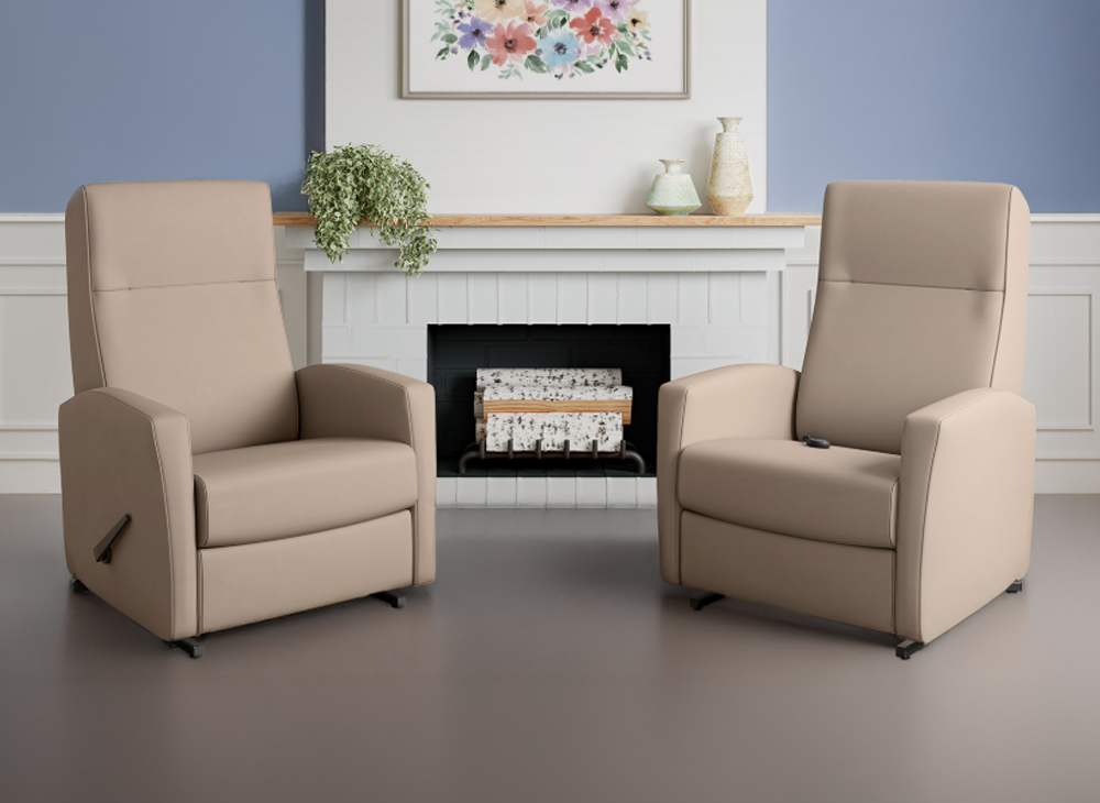 Tan living room recliners with a fireplace in the background.